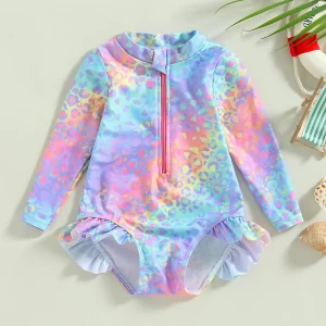 Citgeett Summer Toddler Kids Baby Girl Swimsuits Print Ruffles Long Sleeve Zipper Jumpsuit Swimwear Beachwear Bodysuit Clothes