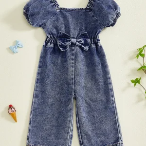 Denim Romper with Puff Sleeves Square Neckline and Bow Detail