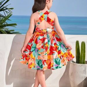 Floral Print Tiered Dress with Cross-Back Bow