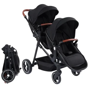 Double Stroller Track Tandem Stroller for Infant and Toddler, Foldable Pushchair Bassinet Pram, Multi-Position Reversible