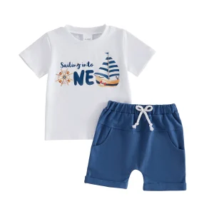 Boat Print Tee with Elastic Waist Shorts