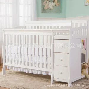 Multi-Functional White Solid Wood Baby Crib Bed Baby Wooden Cot Variable Double Bed